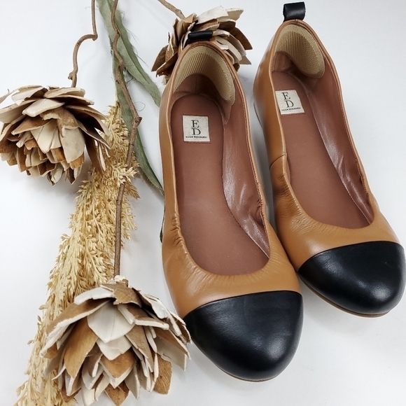 🔴  ED LOVE Lilliane2 Camel Black Cap Toe Flat 7.5w - Picture 8 of 13